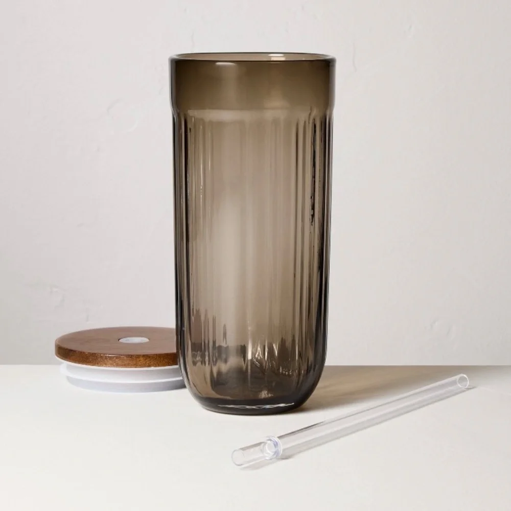 Hearth & Hand Magnolia 21oz Brown Fluted Glass Tumbler with Wood Lid